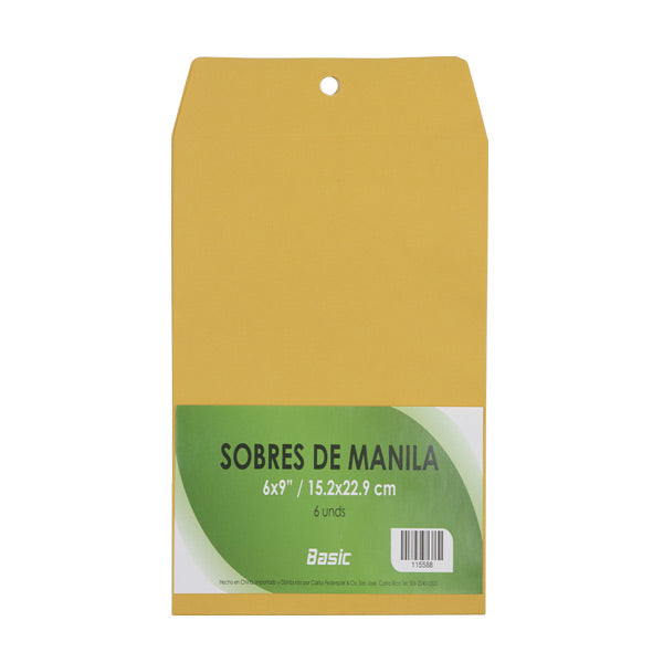 Sobres manila amarillo 6x9" 15.2x22.9cm 6 unidades Basic