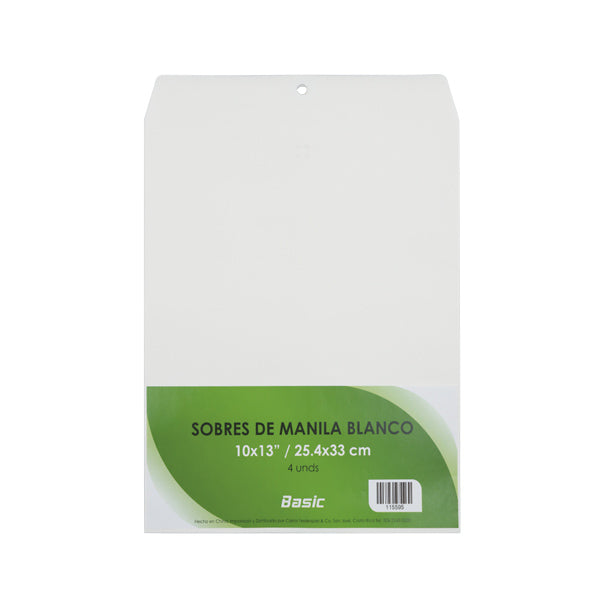 Sobres manila blanco 10x13" 25.4x33cm 4 unidades Basic