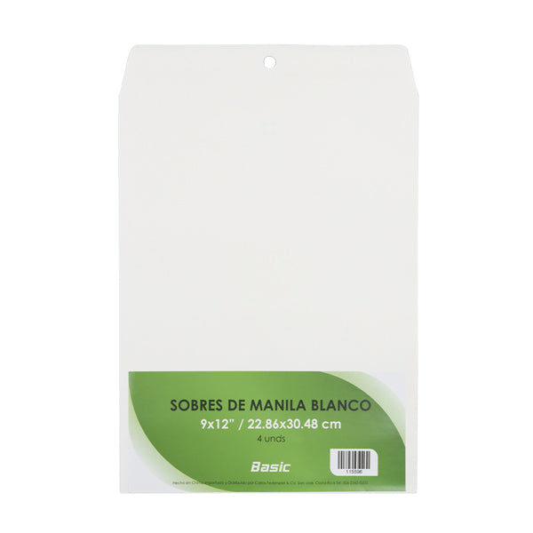 Sobres manila blanco 9x12" 22.86x30.48cm 4 unidades Basic