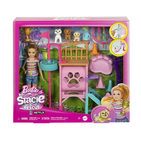 Barbie muñeca Stacie con parque de juegos para mascotas