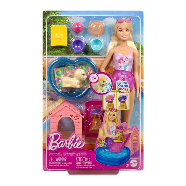 Barbie Set de juego fiesta en la piscina con perritos