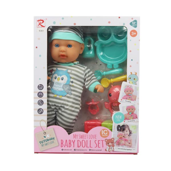 Muñeca 13" bebé con pijama gris y set de alimentación