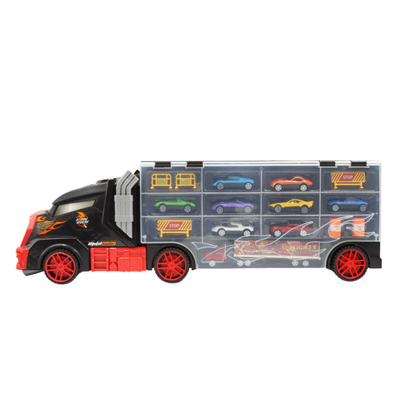 Camión transportador con 8 autos y accesorios de tránsito