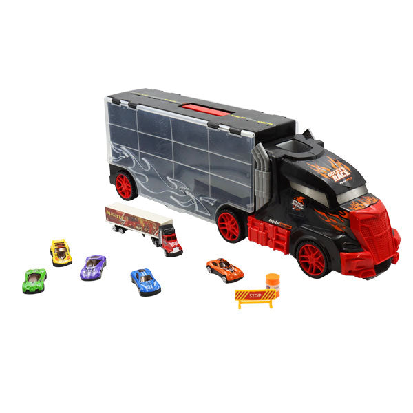 Camión transportador con 8 autos y accesorios de tránsito