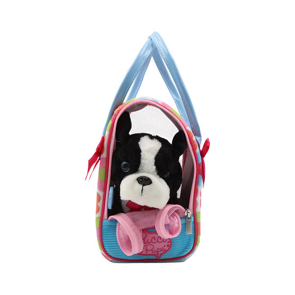 Peluche bostón terrier con bolso transportador