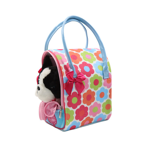 Peluche bostón terrier con bolso transportador