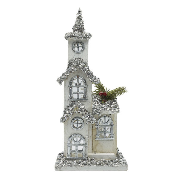 Villa navideña iluminada iglesia blanca 41cm