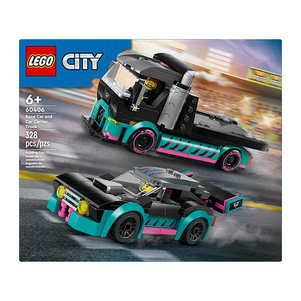 60406 Auto de Carreras y Camión de Transporte (328 piezas)