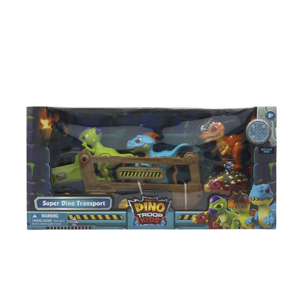 Camión transportador con 4 dinosaurios y figura
