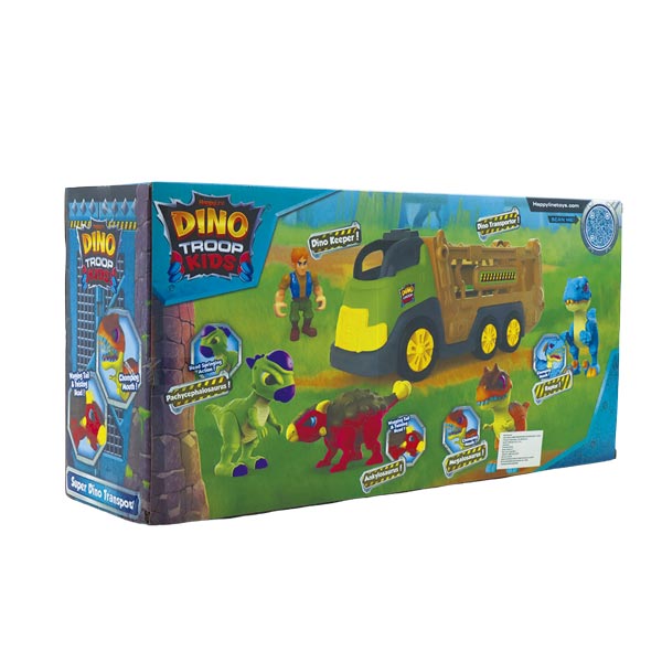 Camión transportador con 4 dinosaurios y figura