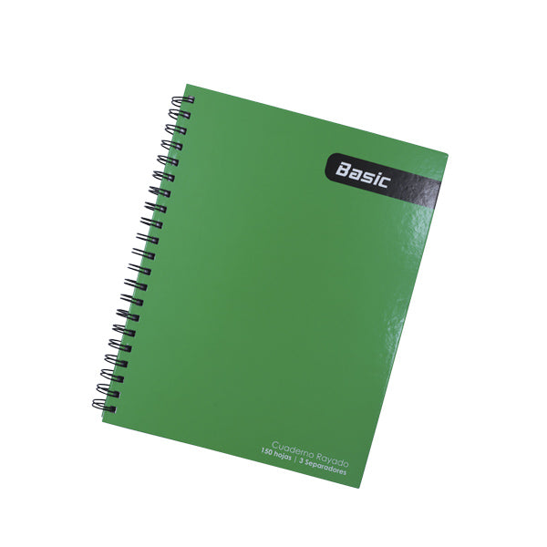 Cuaderno resorte tapa dura 150 hojas 3 separadores color verde Basic.