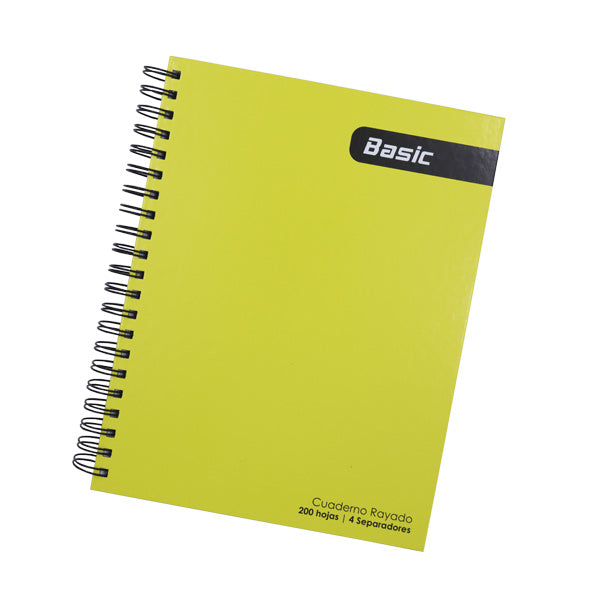Cuaderno resorte tapa dura 200 hojas 4 separadores color amarillo Basic.