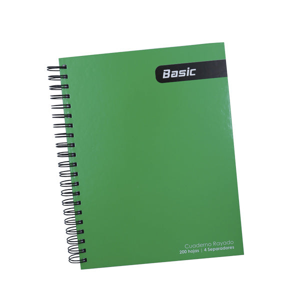 Cuaderno resorte tapa dura 200 hojas 4 separadores color verde Basic.