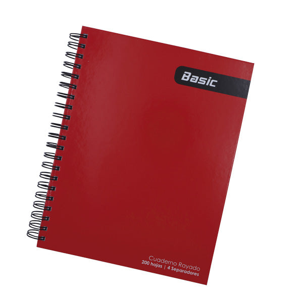 Cuaderno resorte tapa dura 200 hojas 4 separadores color rojo Basic.
