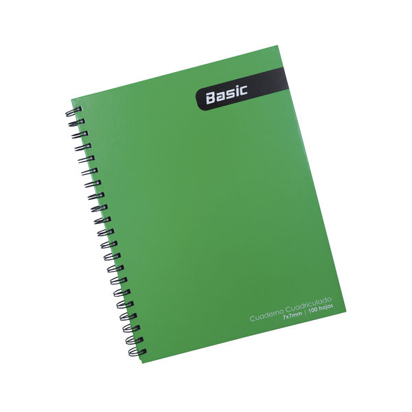 Cuaderno cuadriculado 7mm tapa dura 100 hojas color verde Basic.