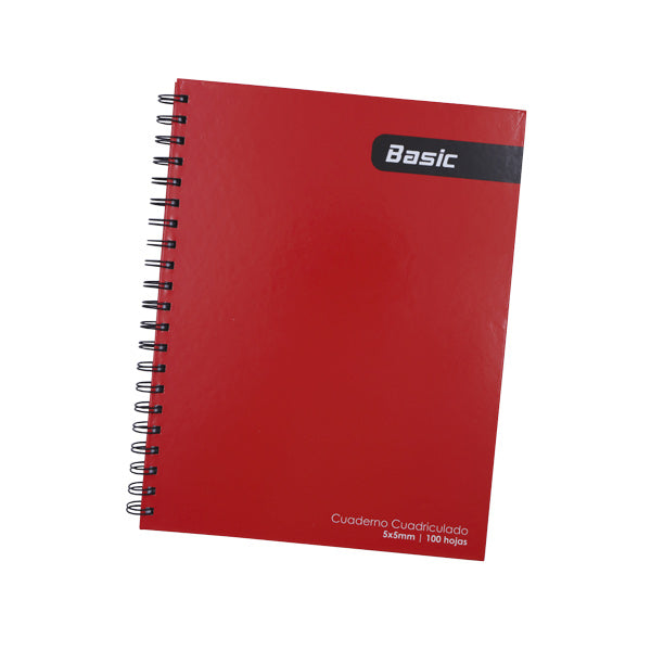 Cuaderno cuadriculado 5mm tapa dura 100 hojas color rojo Basic.