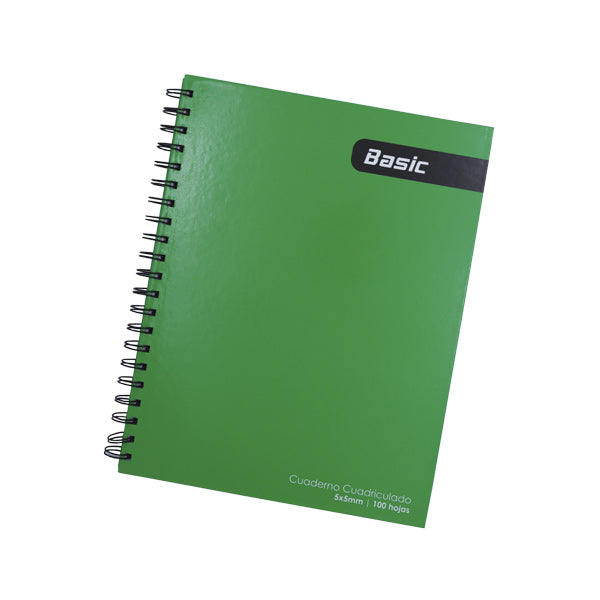 Cuaderno cuadriculado 5mm tapa dura 100 hojas color verde Basic.