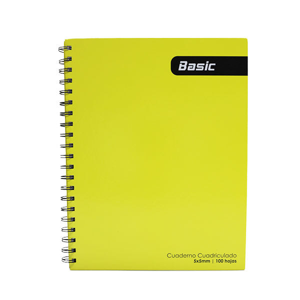 Cuaderno cuadriculado 5mm tapa dura 100 hojas color amarillo Basic.