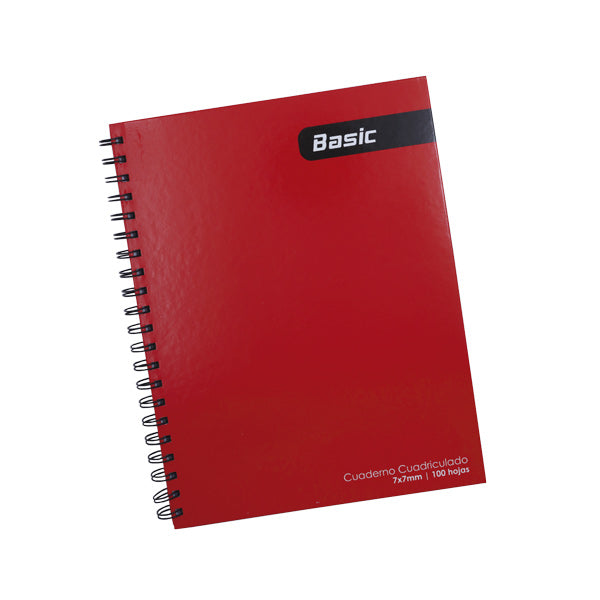 Cuaderno cuadriculado 7mm tapa dura 100 hojas color rojo Basic.