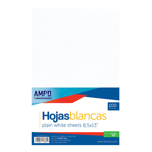 Hojas blancas lisas tamaño oficio 100 unidades Ampo