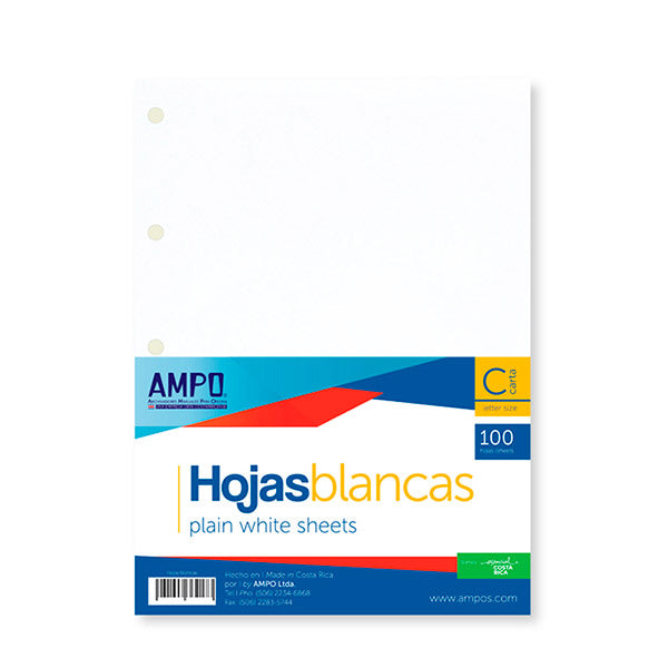 Hojas blancas lisas con perforacion, 100 unidades,