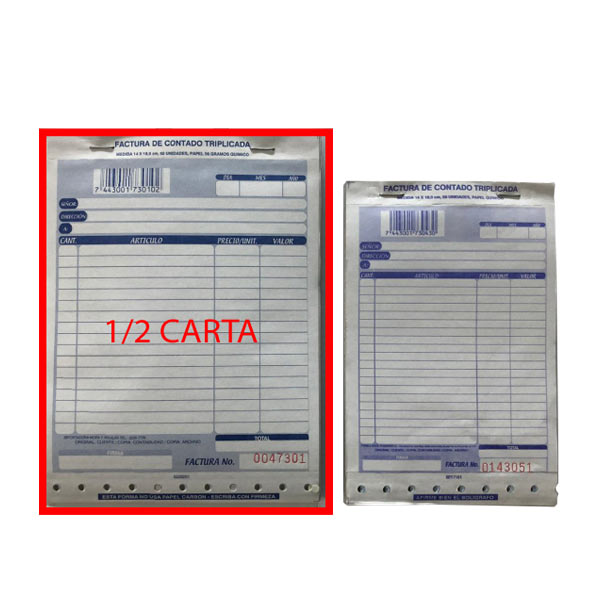 Factura de 1/2 triplicada bond con papel químico.