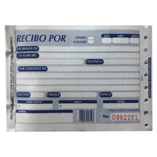 Recibo por dinero de 1/4 duplicado bond con papel