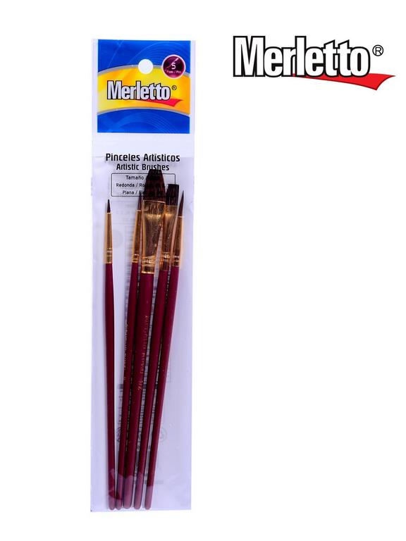 Pinceles artisticos café 5 unidades Merletto.