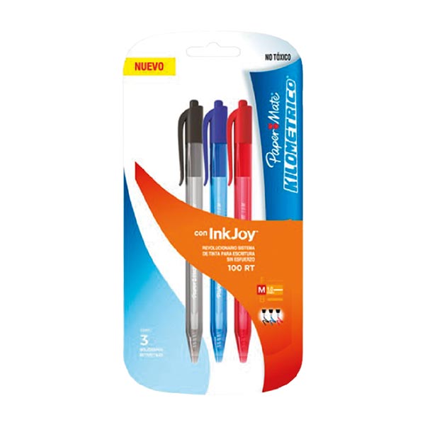 Lapicero 3 unidades negro azul rojo Paper Mate.