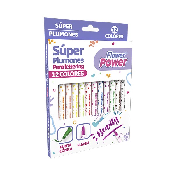 Marcador super plumón punta cónica flower power 12 unidades