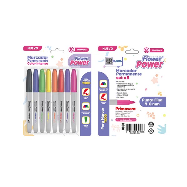 Marcador permanente flower power 8 unidades