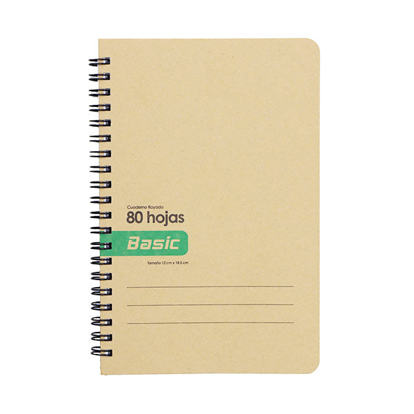 Cuaderno Kraft rayado resorte 80 hojas 12x18.5cm Basic.