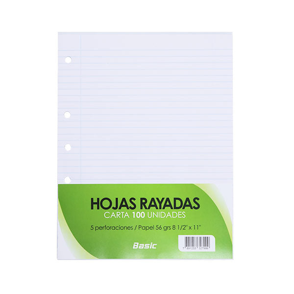 Hojas rayadas perforadas 8.5x11" 100 unidades Basic.