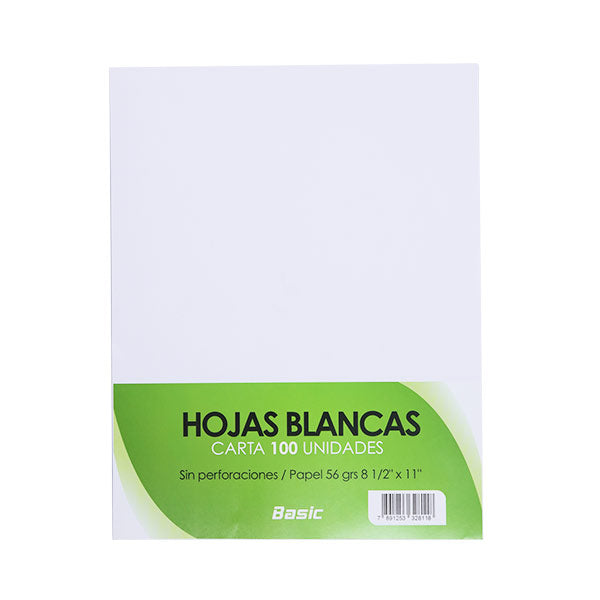 Hojas blancas lisas sin perforación 8.5x11" 100 unidades Basic.