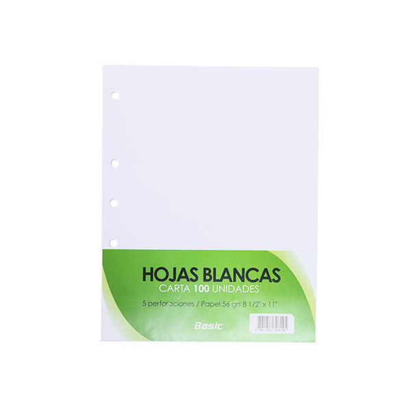 Hojas blancas lisas perforadas 8.5x11" 100 unidades Basic.